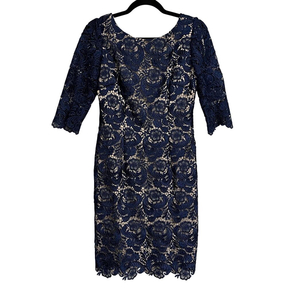 Eliza J Dress Royal Collection Sheath Navy Blue Lace 3/4 Sleeve V Back Size 6 - Picture 1 of 6
